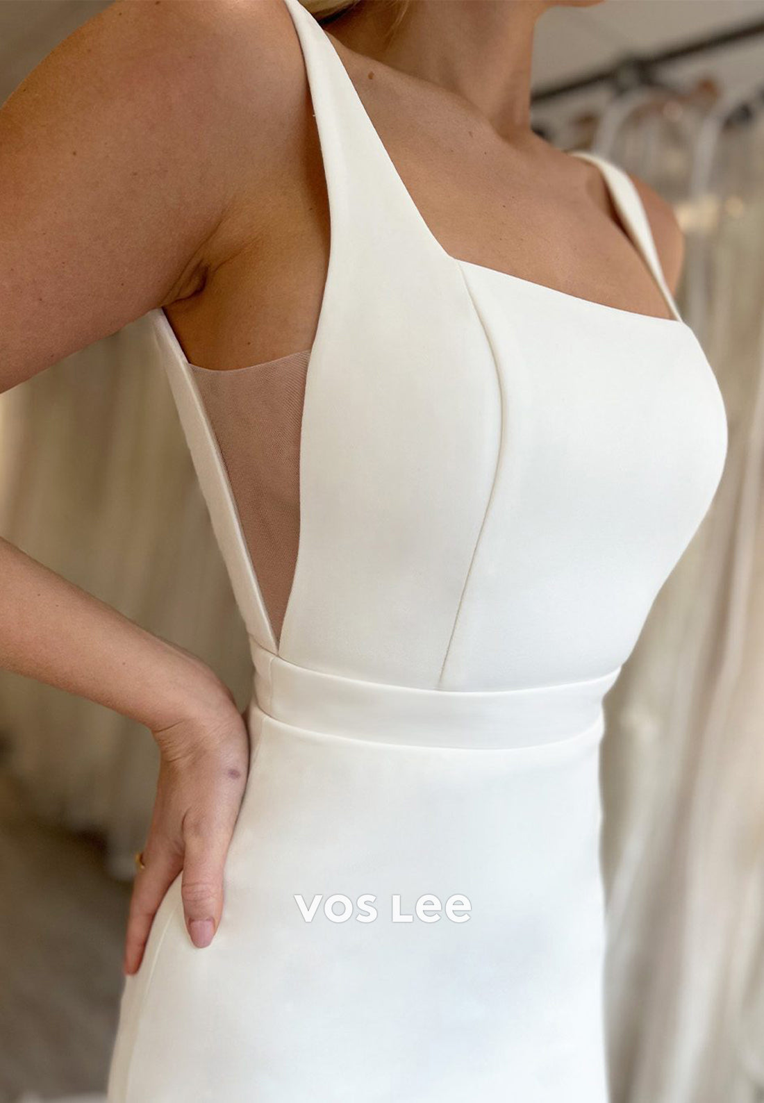 Sexy and Sleek Spaghetti Straps Square Mermaid Wedding Dresses with Sweep Train