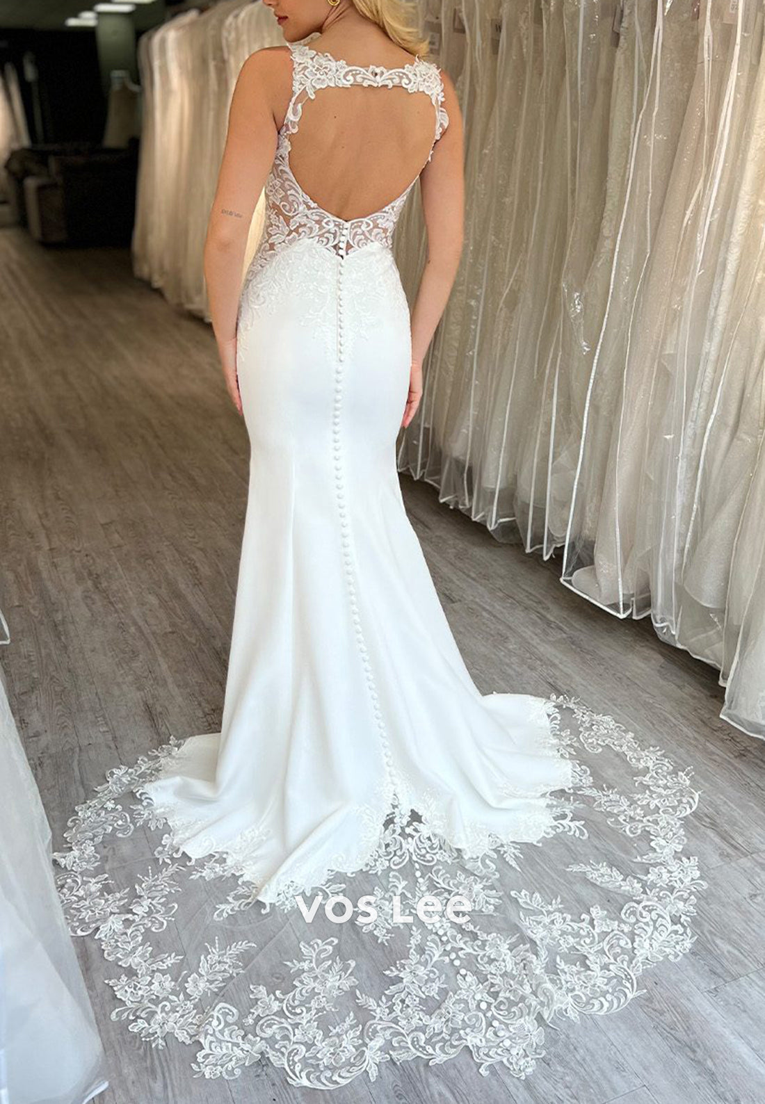 Illusion & Sheer V Neck Appliques Lace Mermaid Wedding Dresses with Sweep Train