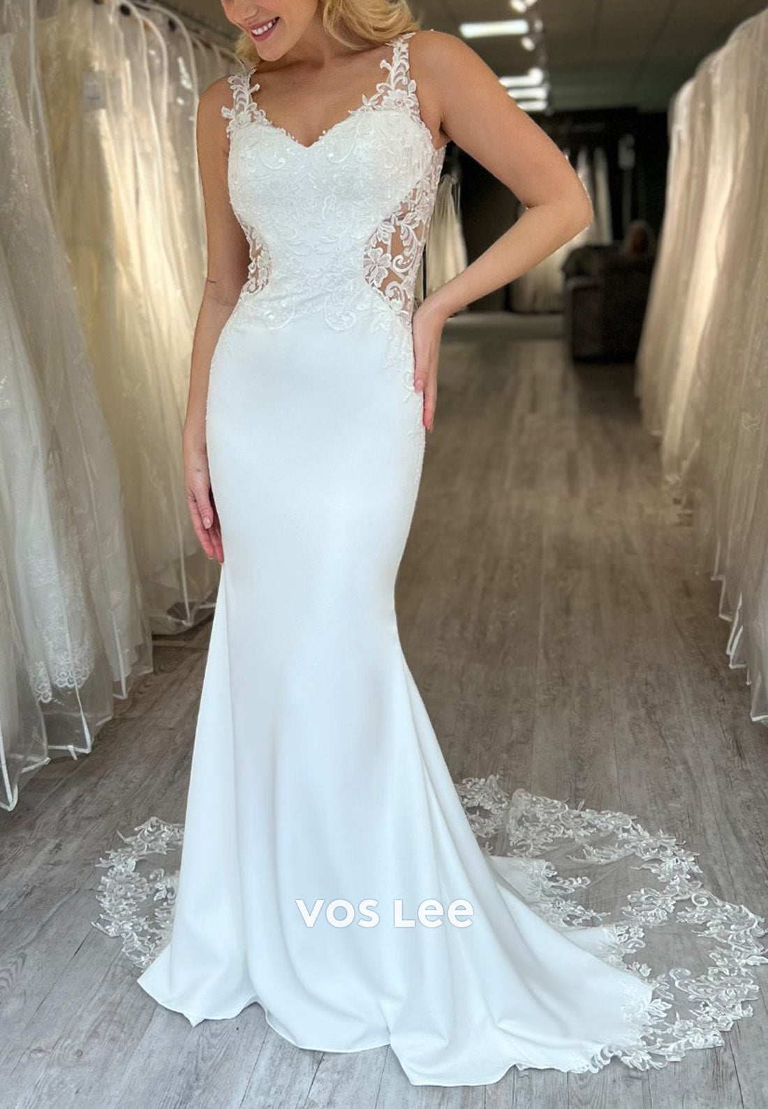 Illusion & Sheer V Neck Appliques Lace Mermaid Wedding Dresses with Sweep Train