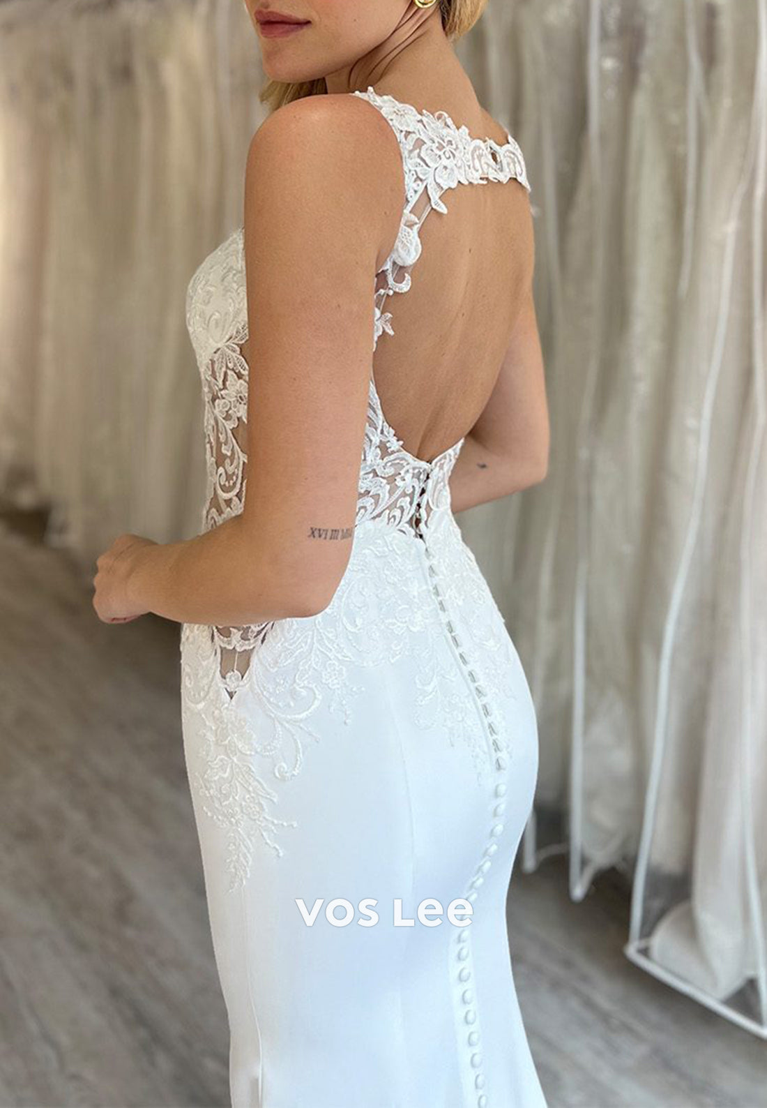 Illusion & Sheer V Neck Appliques Lace Mermaid Wedding Dresses with Sweep Train