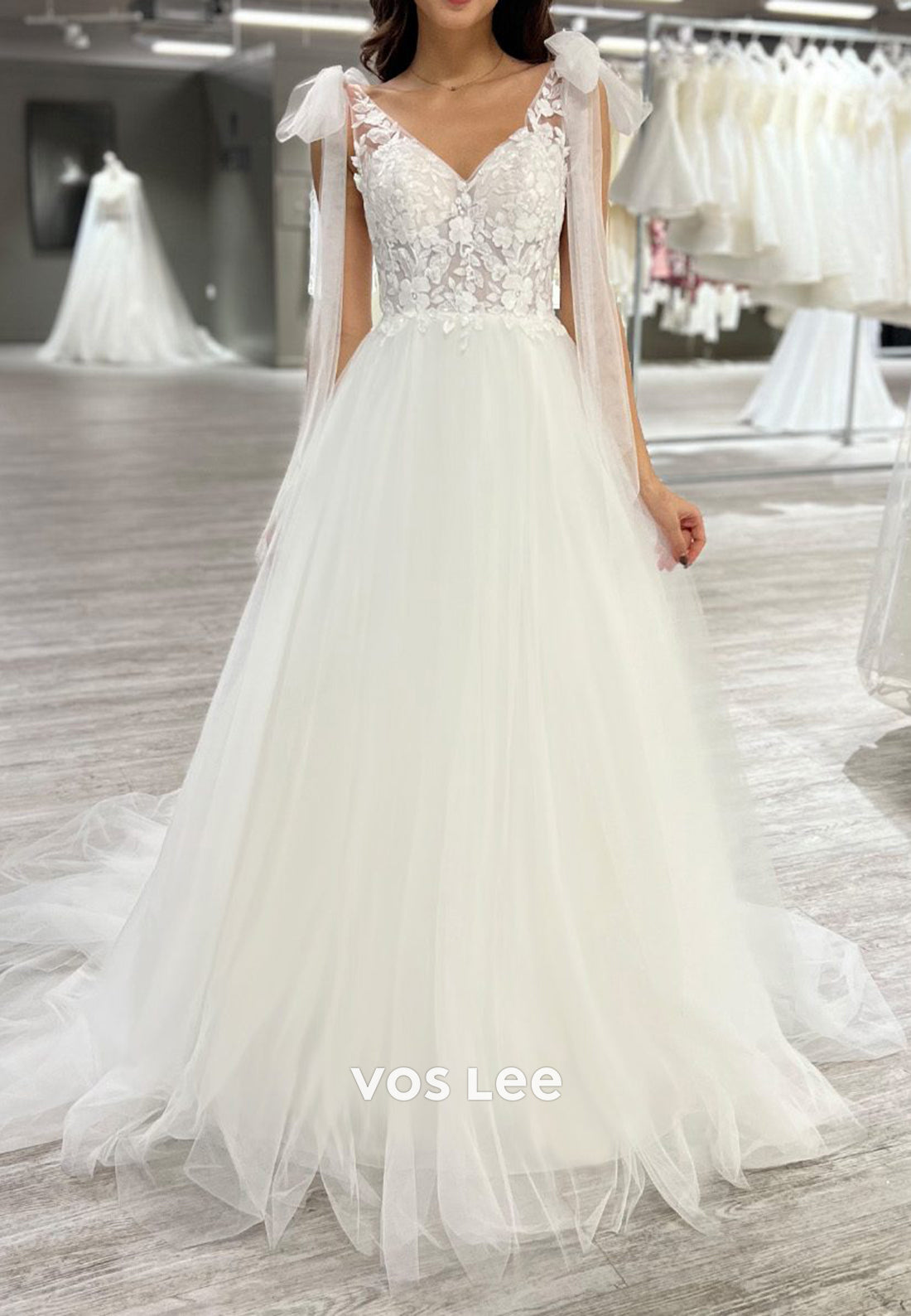 A-Line V Neck Appliques Lace Bowknot Pleated Wedding Dresses with Court Train