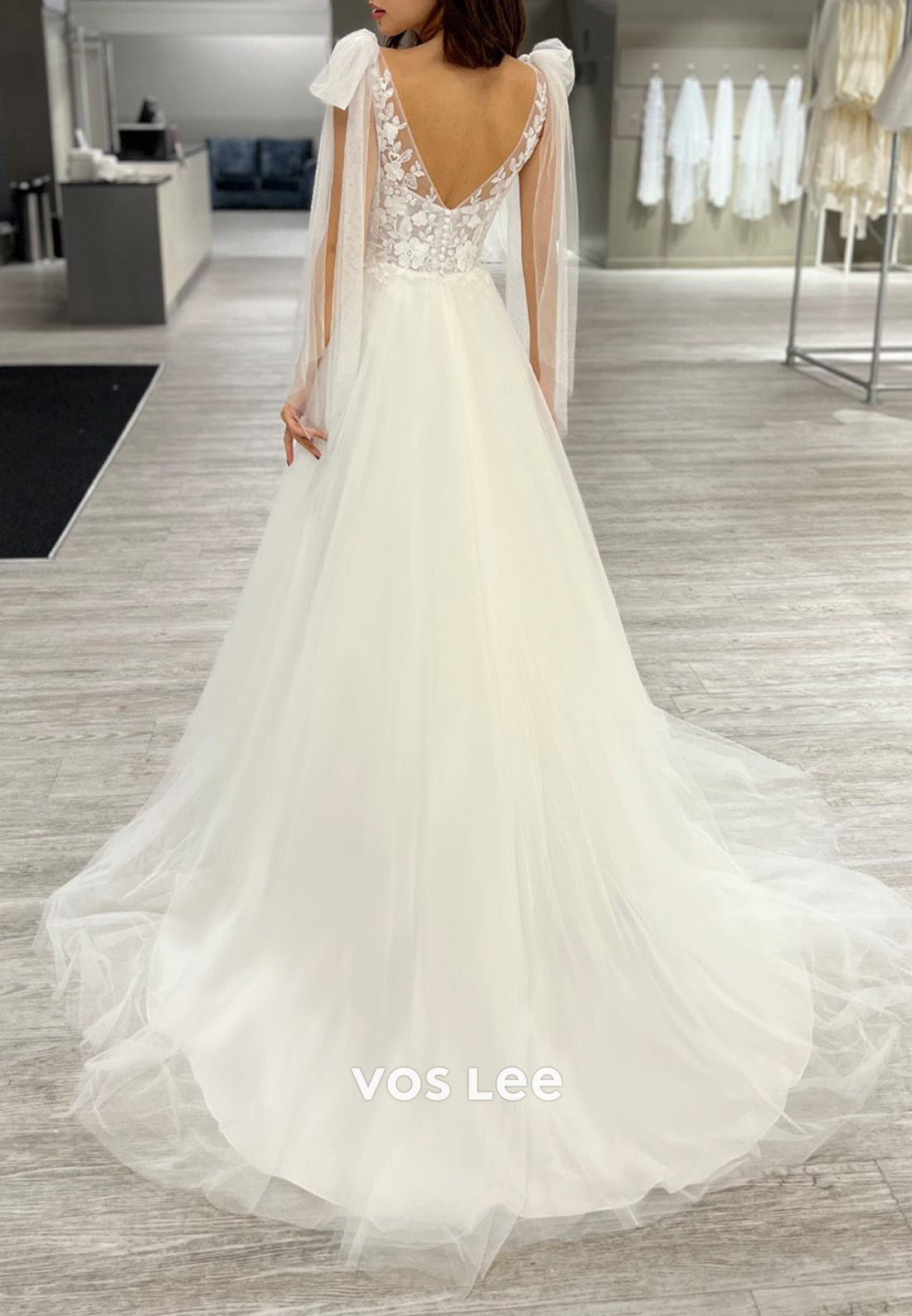A-Line V Neck Appliques Lace Bowknot Pleated Wedding Dresses with Court Train