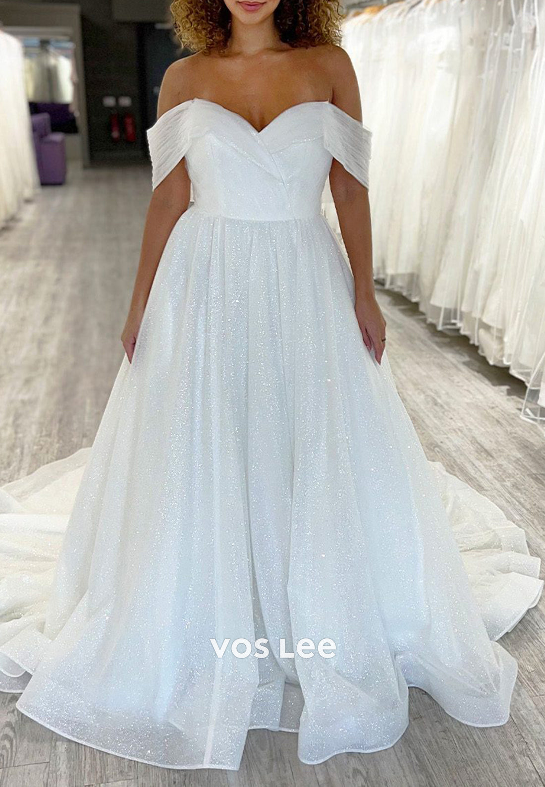 Sparkle & Shine A-Line Off the Shoulder Pleated Wedding Dresses with Court Train