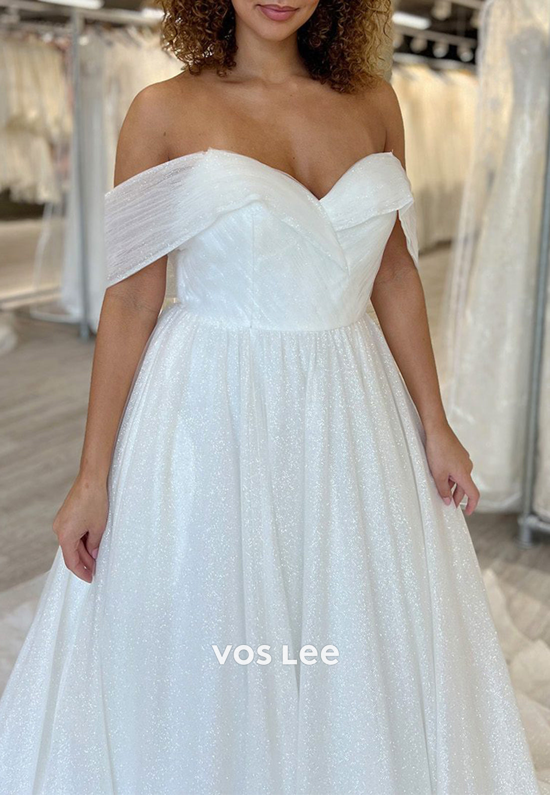 Sparkle & Shine A-Line Off the Shoulder Pleated Wedding Dresses with Court Train