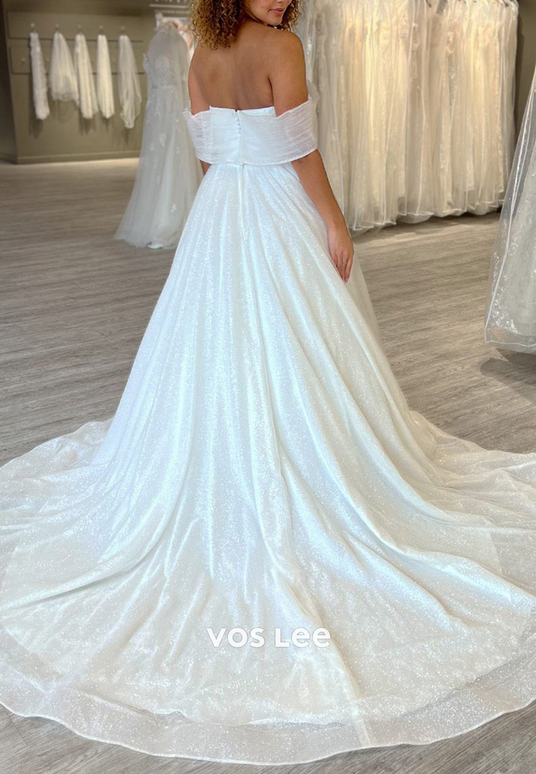 Sparkle & Shine A-Line Off the Shoulder Pleated Wedding Dresses with Court Train
