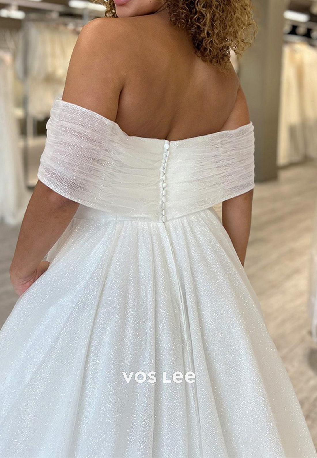 Sparkle & Shine A-Line Off the Shoulder Pleated Wedding Dresses with Court Train