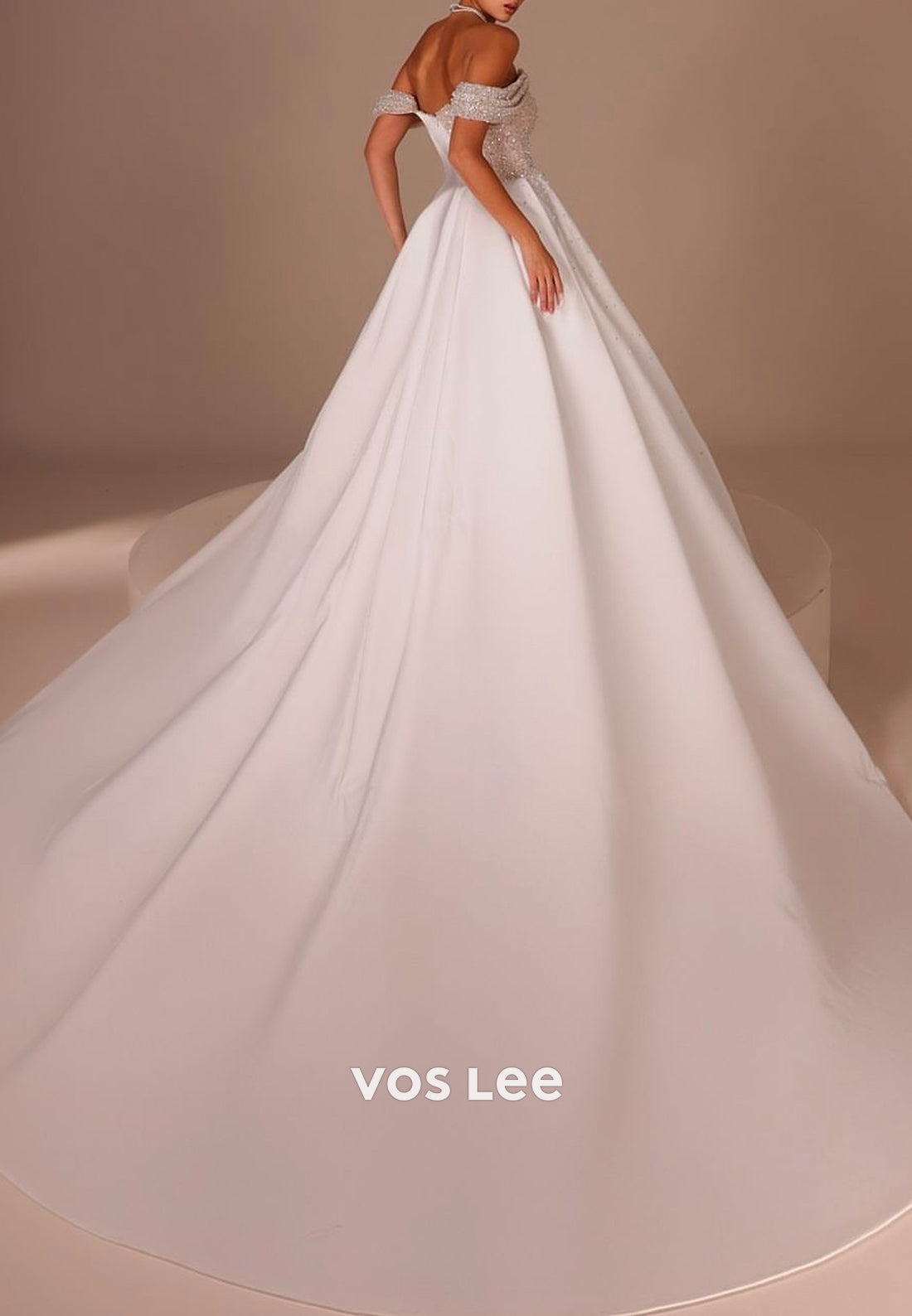 Off the Shoulder Pearls Sequins Pleated Mermaid Wedding Dresses with Court Train