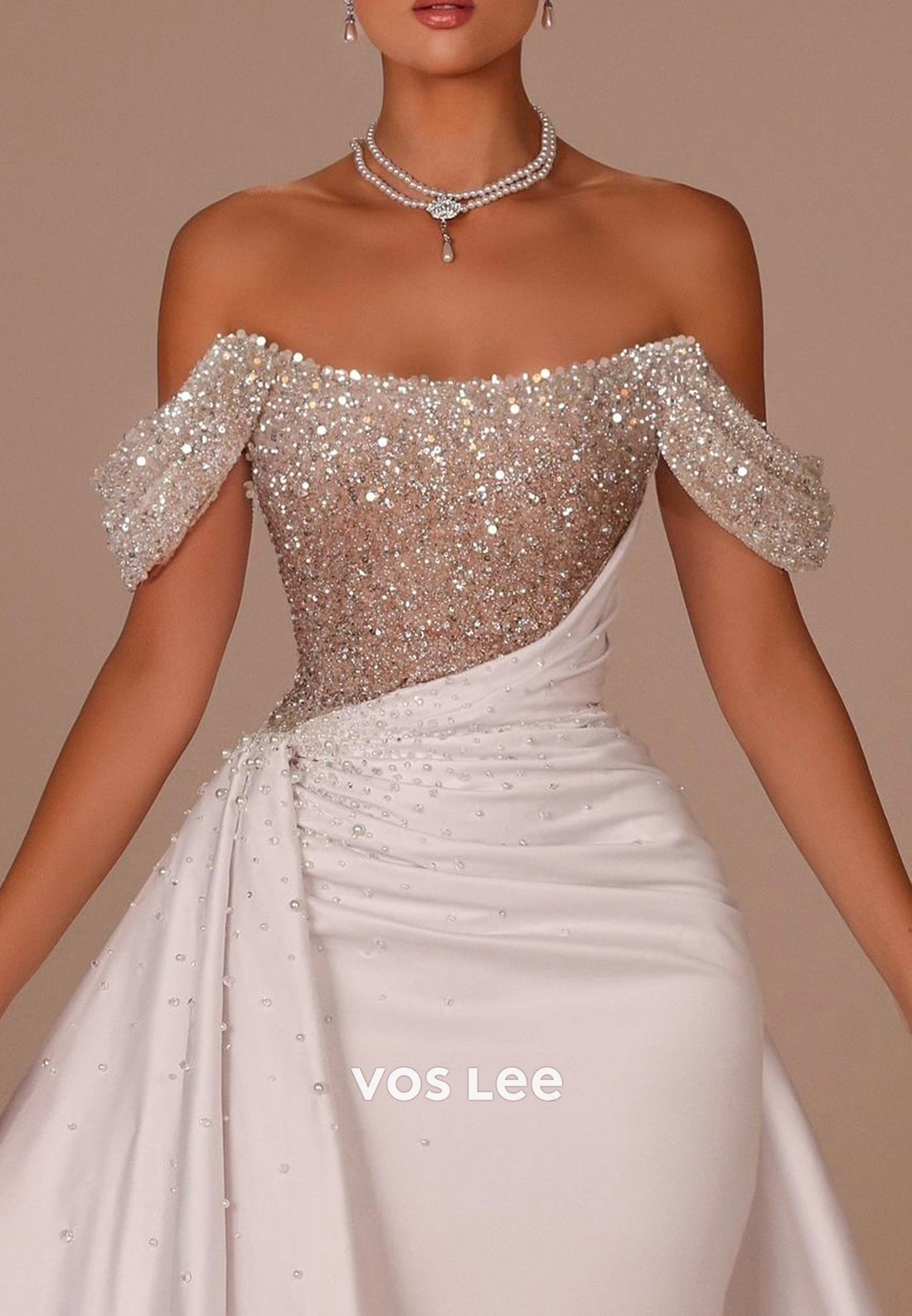 Off the Shoulder Pearls Sequins Pleated Mermaid Wedding Dresses with Court Train