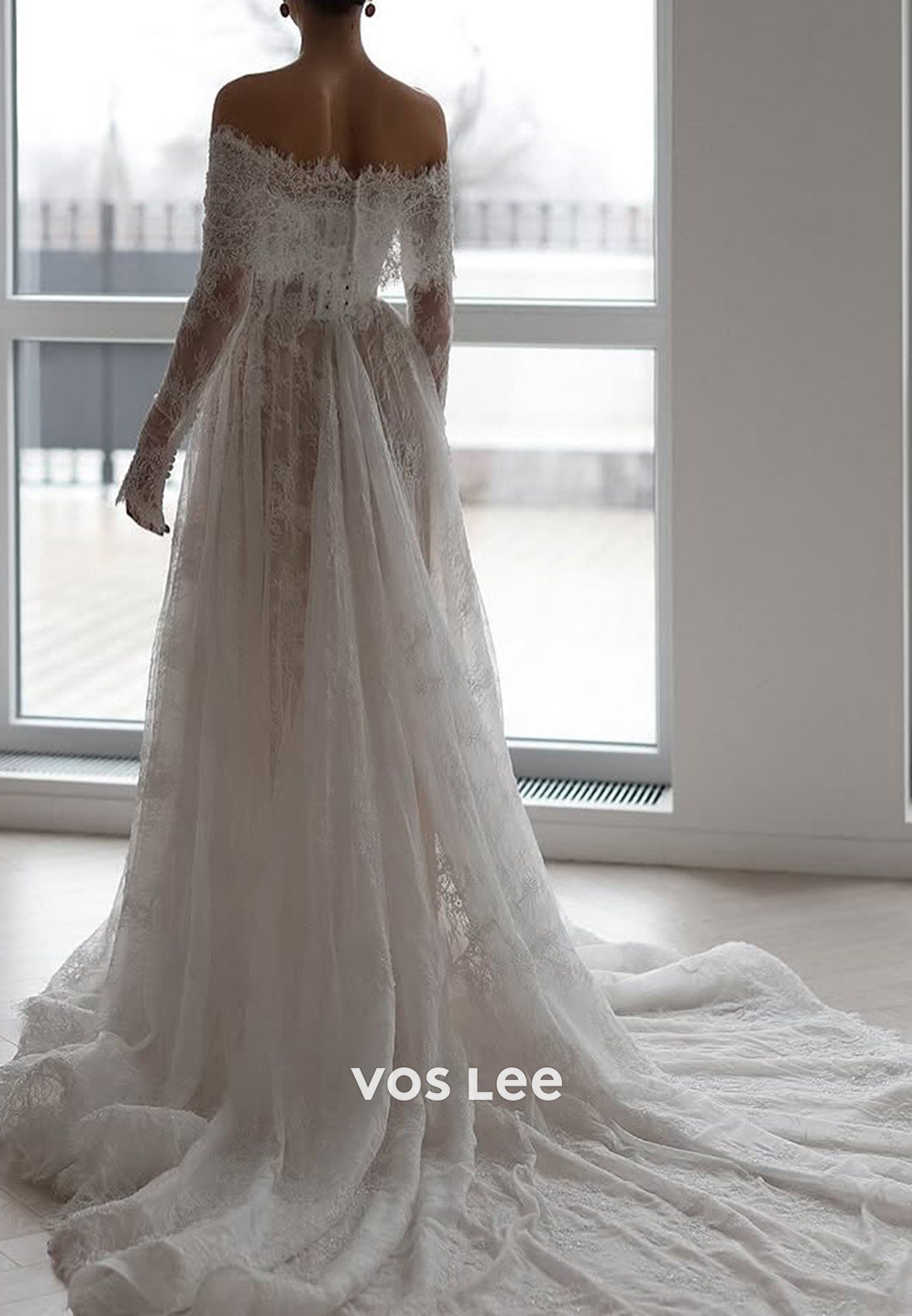 A-Line Long Sleeve Off the Shoulder Appliques Lace Wedding Dresses with Court Train