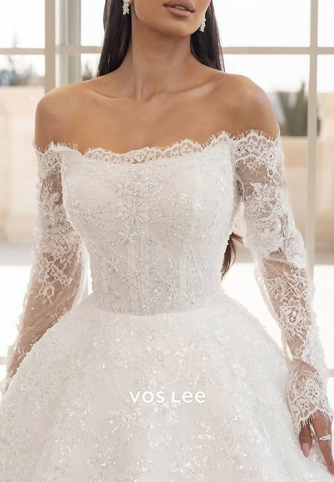 Long Sleeve Off the Shoulder Appliques Lace Sequins Wedding Dresses with Court Train