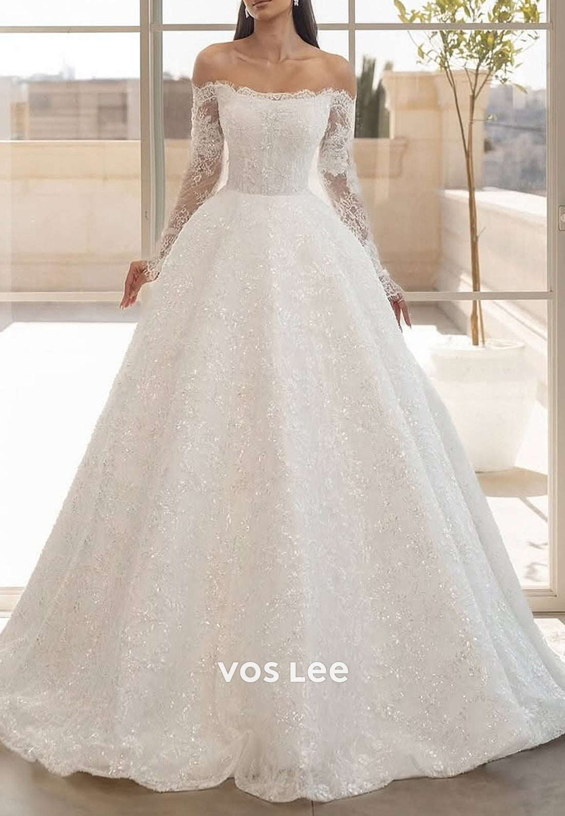 Long Sleeve Off the Shoulder Appliques Lace Sequins Wedding Dresses with Court Train