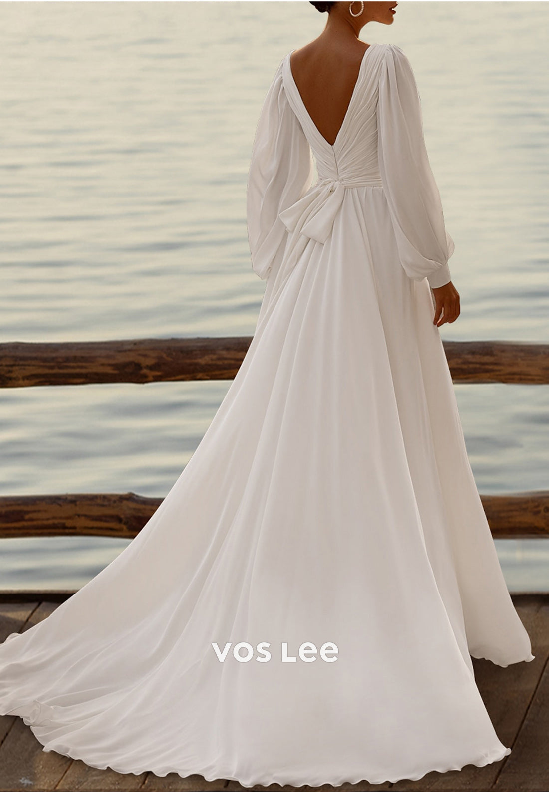 Sexy and Sleek A-Line Long Sleeve V Neck Pleated Wedding Dresses with Sweep Train