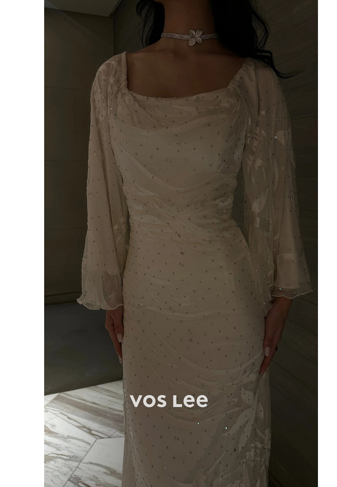 Sparkling & Simple Long Sleeve Scoop Sequins Pleated Ankle-Length Evening Dresses