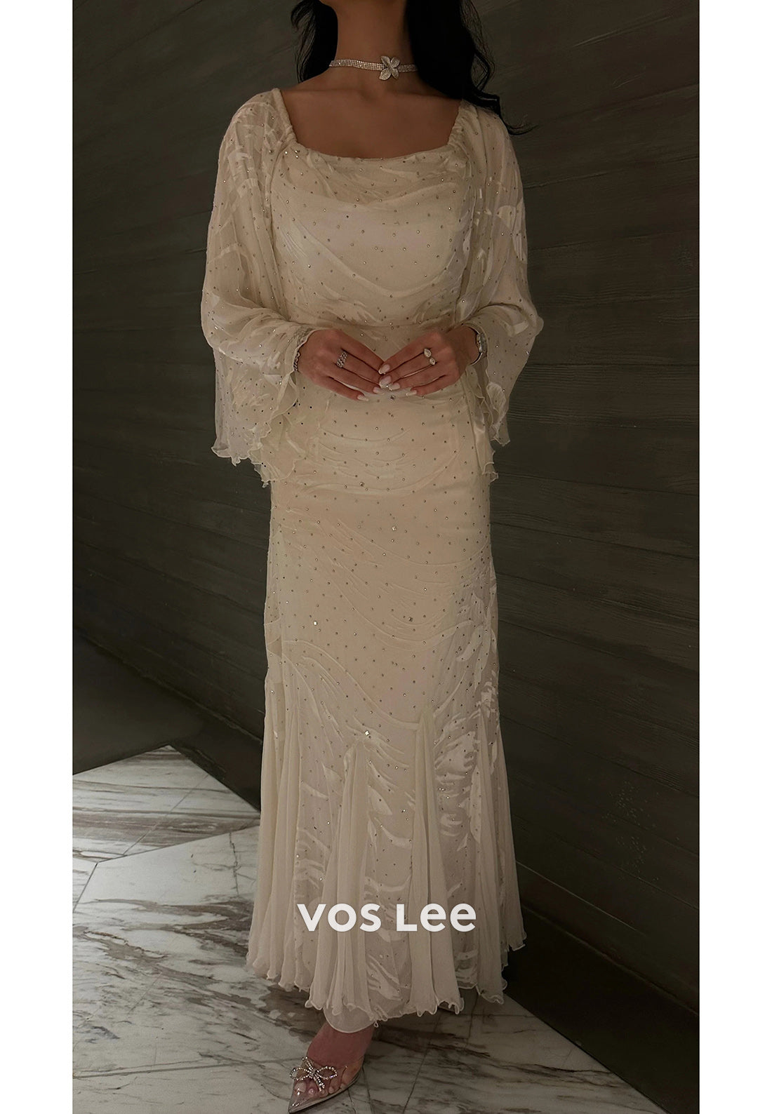 Sparkling & Simple Long Sleeve Scoop Sequins Pleated Ankle-Length Evening Dresses