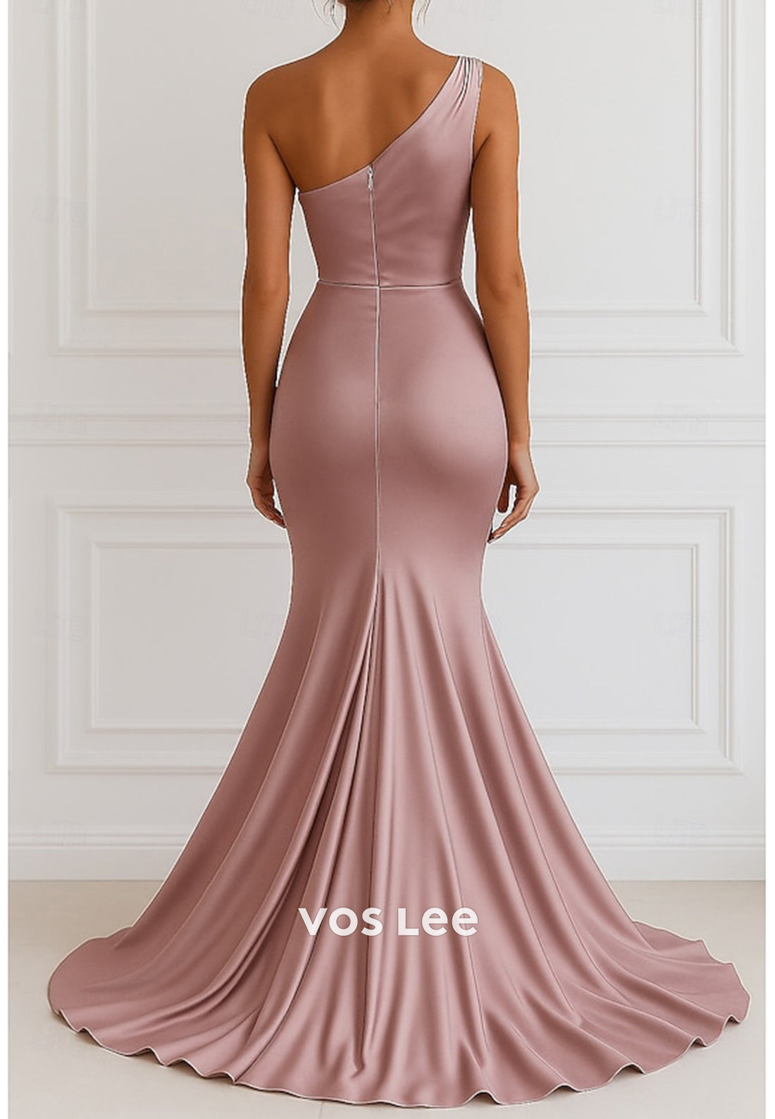 Sleeveless One Shoulder Pleated Mermaid Evening Dresses with Sweep Train