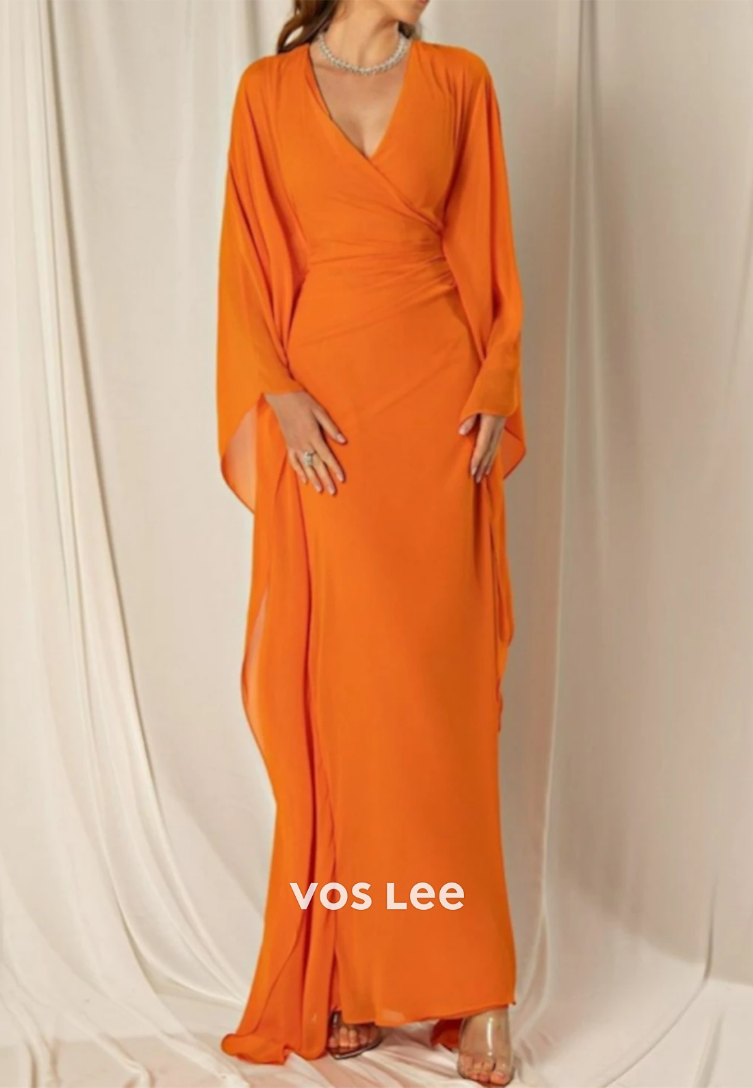 Long Sleeves V Neck Pleated Mermaid Evening Dress Mother of Groom