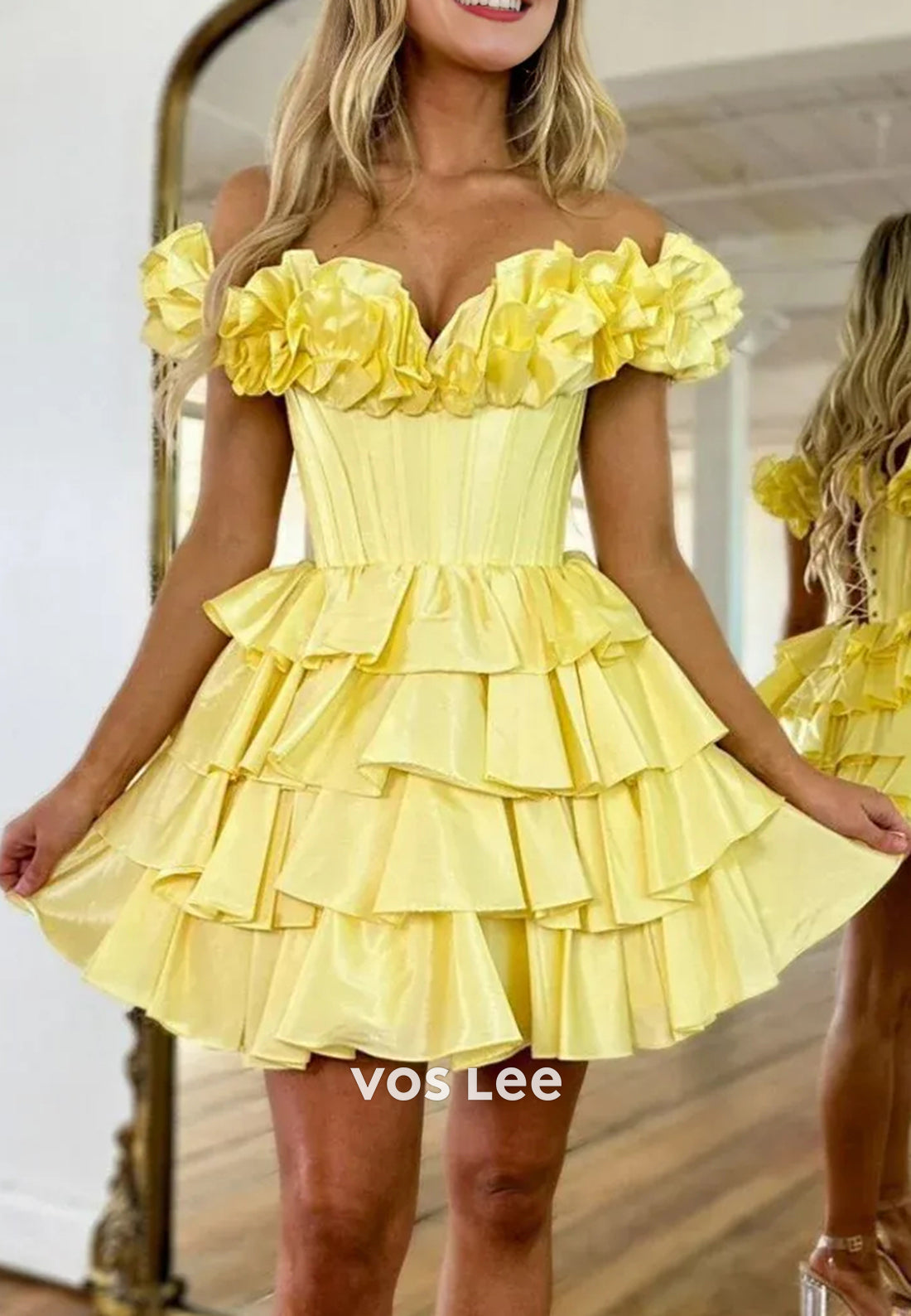 A-Line Off the Shoulder Pleated Short Yellow Homecoming Dresses A-Line Off the Shoulder Pleated Short Yellow Homecoming Dresses
