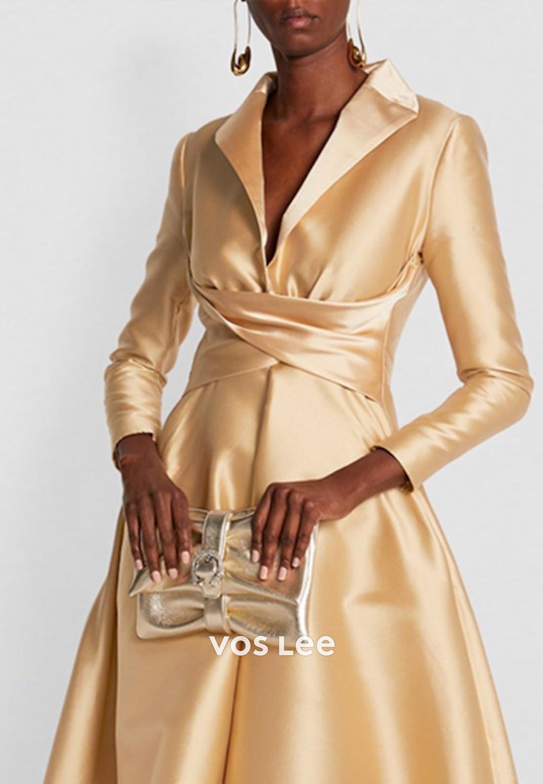 A-Line V Neck Ruched Floor-Length Long Sleeves Sleek Evening Dress