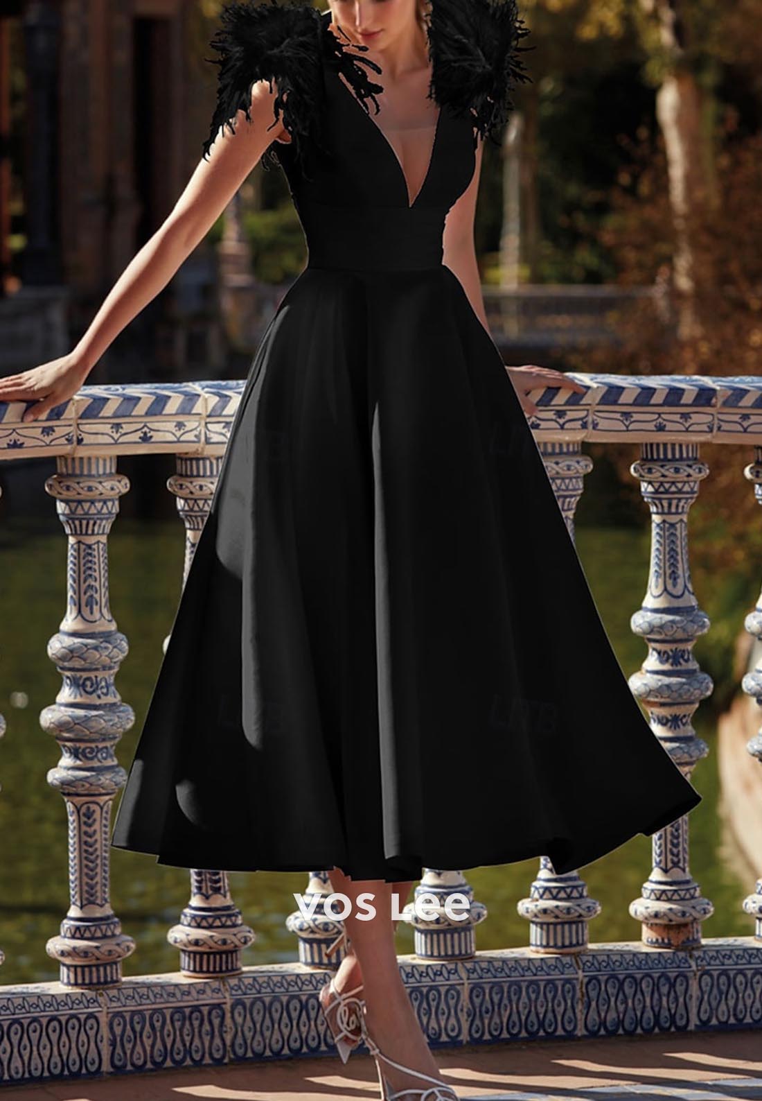 A-Line Low V-Neck Pleated feather Sexy Evening Dress Midi Dresses