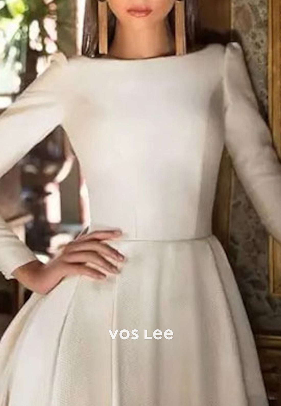 Simple A-Line Long Sleeve Bateau Neck Pleated Wedding Dresses with Chapel Train