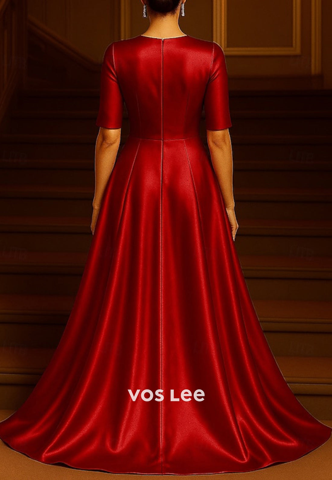 A-Line V Neck Short Sleeve High Split Evening Dresses with Sweep Train