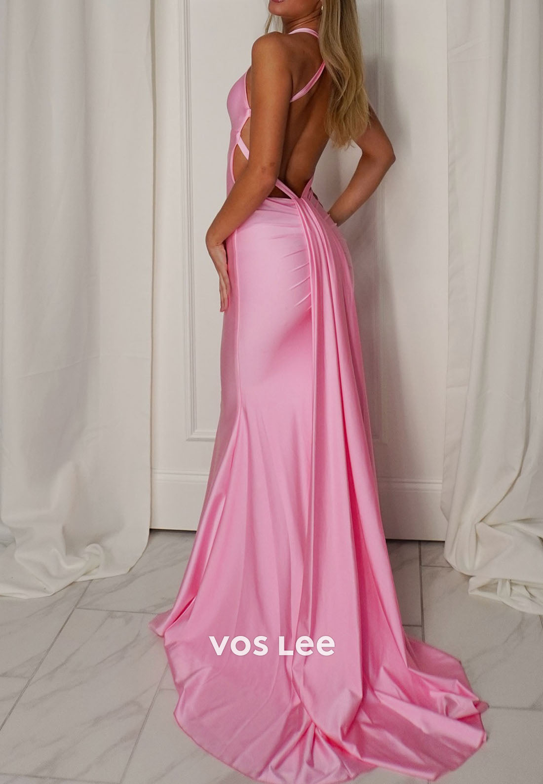 Sexy Pink Halter V-Neck Satin Backless Mermaid Prom Dress