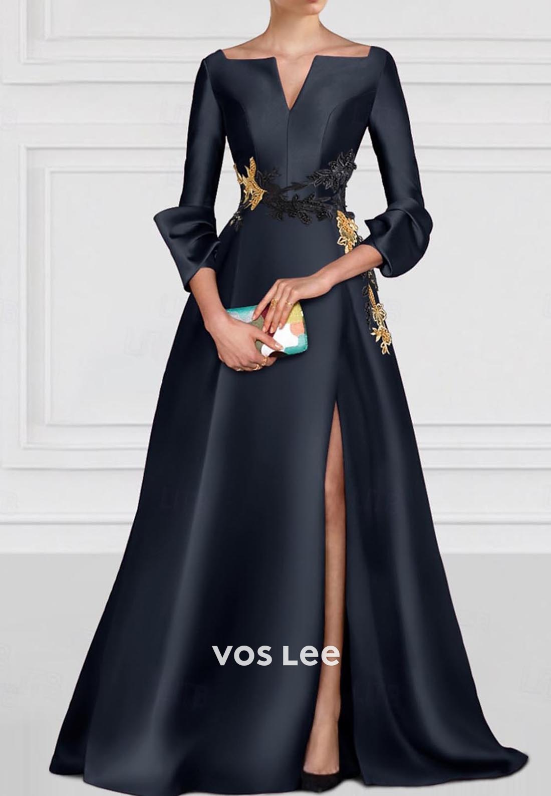 A-Line V Neck Long Sleeves Mother of Bride Evening Dress with High Split