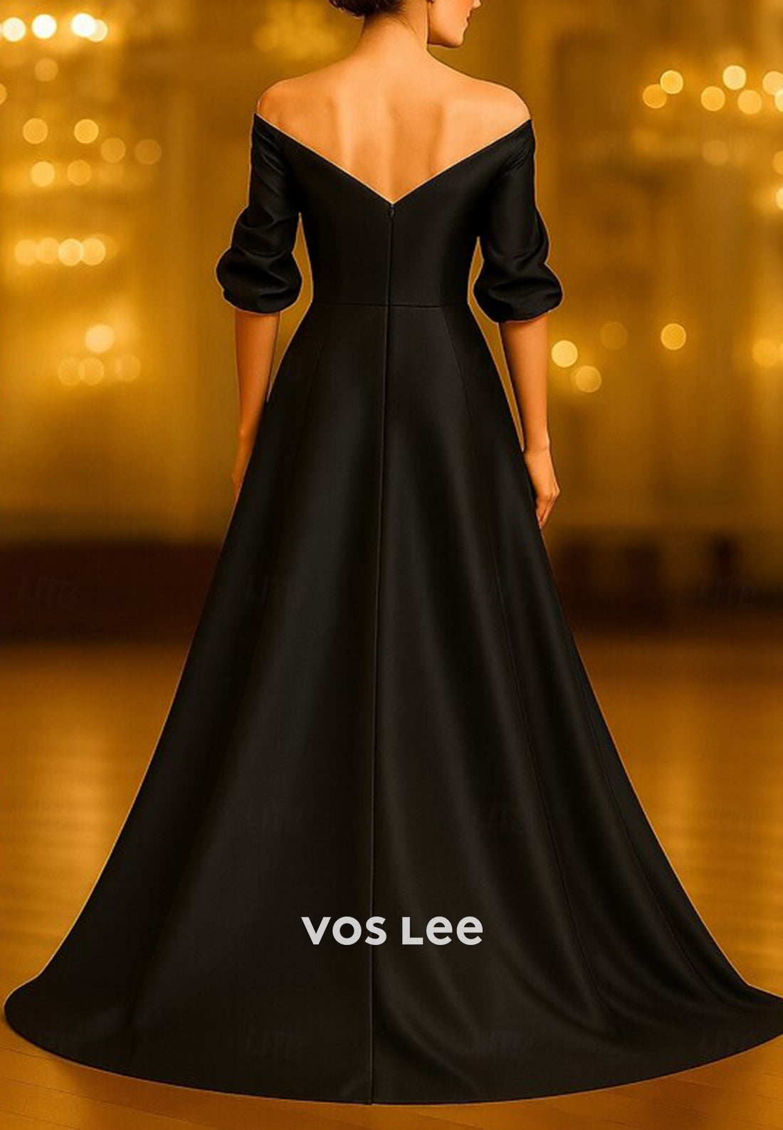 A-Line Off the Shoulder Half Sleeve Pleated Evening Dresses with Court Train