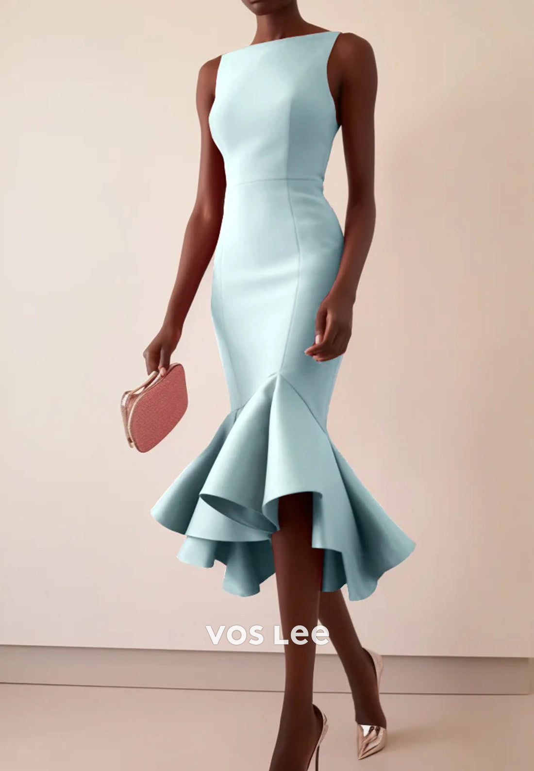 Couture & Ornate Scoop Ruched Tea-Length Mermaid Wedding Guest Dresses