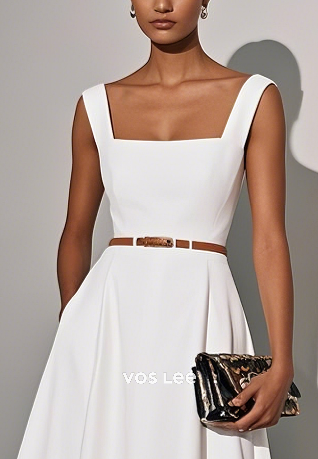 A-Line Illusion Cutout Lace Square Pleated Ankle-Length Wedding Guest Dresses