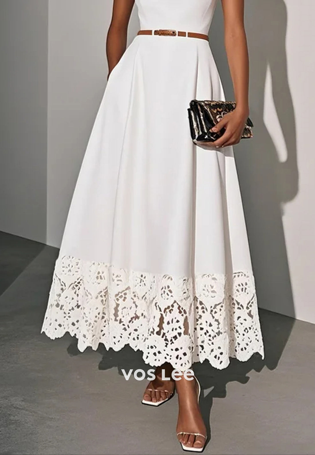 A-Line Illusion Cutout Lace Square Pleated Ankle-Length Wedding Guest Dresses