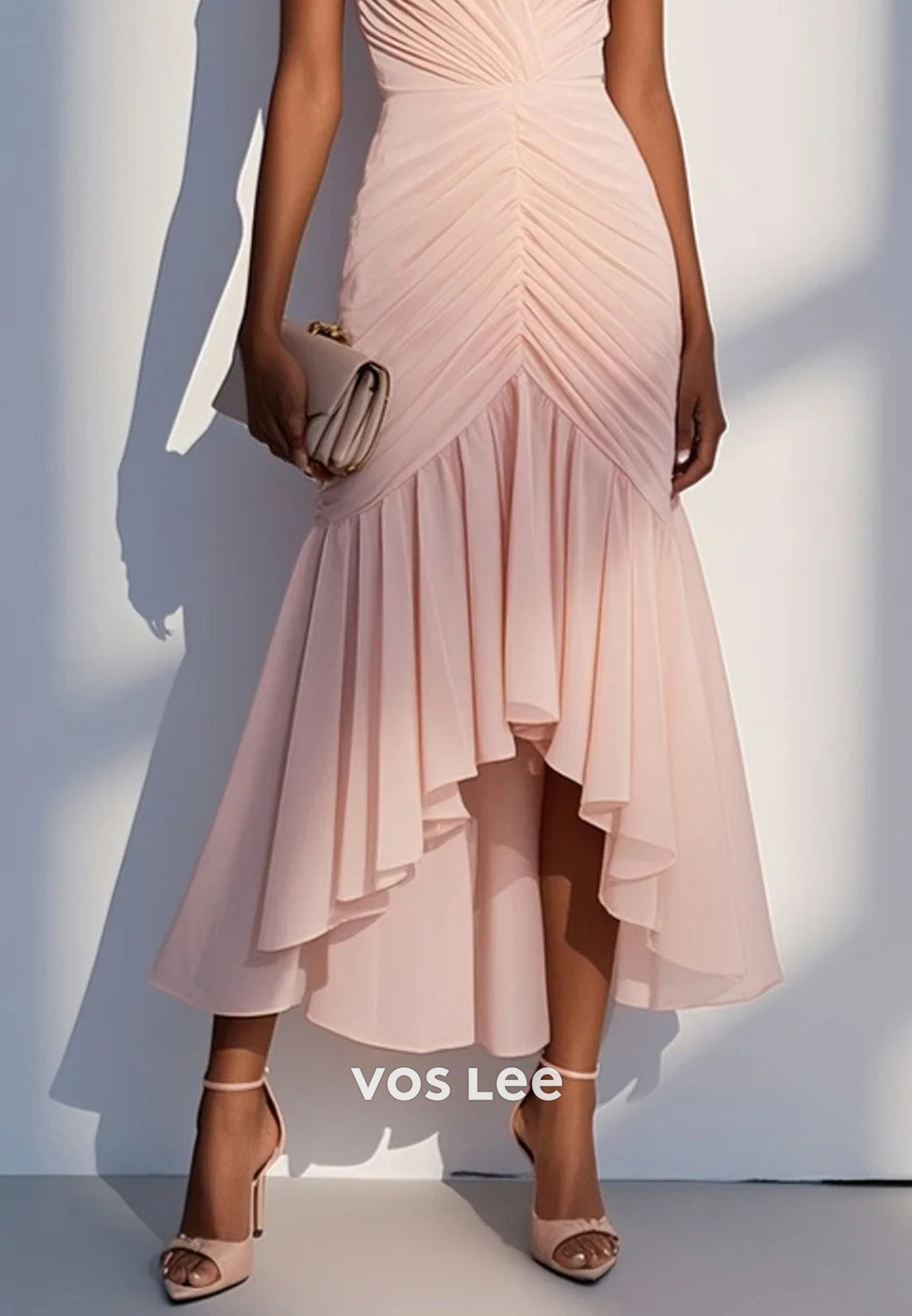 Couture & Classic High Low Cap Sleeves V Neck Pleated Sheath Wedding Guest Dresses