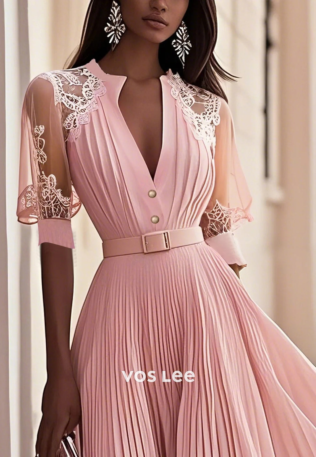 Pink Short Sleeve Pleated Lace V Neck A-Line Tea-Length Midi Chiffon Wedding Guest Dresses