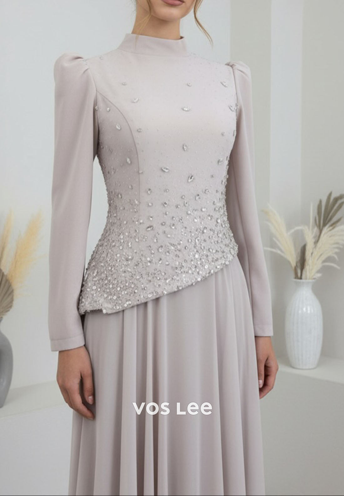 Elegant Black O-Neck Long Sleeves A Line Beading Diamonds Long Evening Dress Wedding Guest Dress