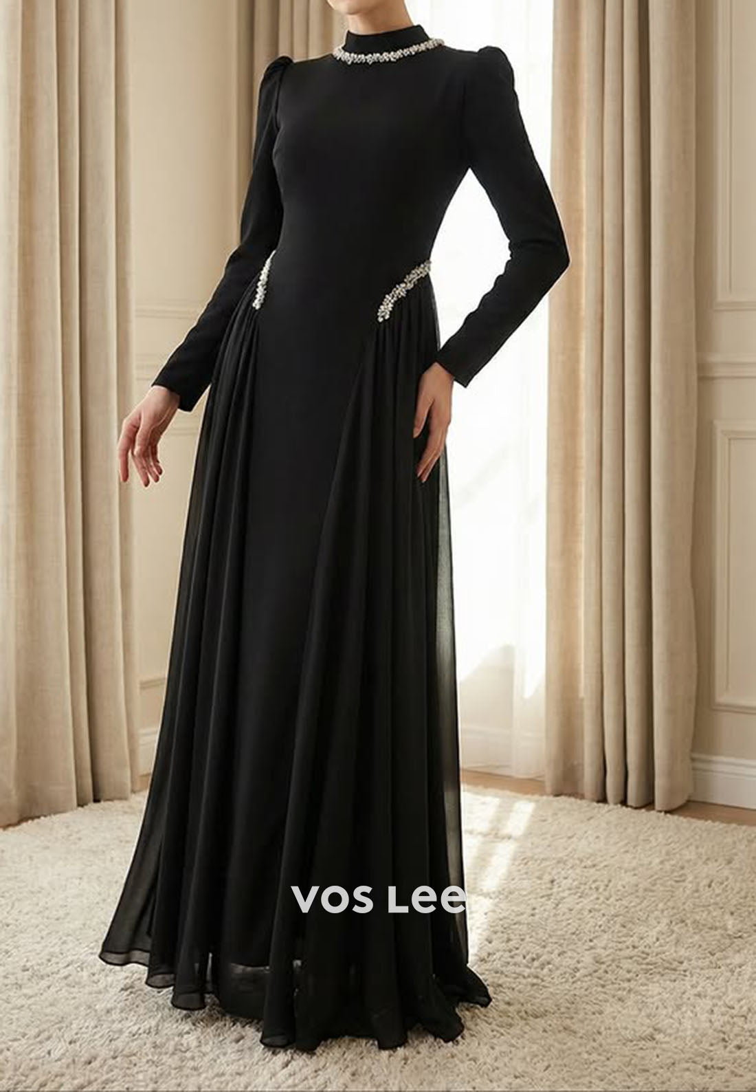 Navy Blue O-Neck Long Sleeves A Line Beading Diamonds Long Evening Dress Wedding Guest Dress