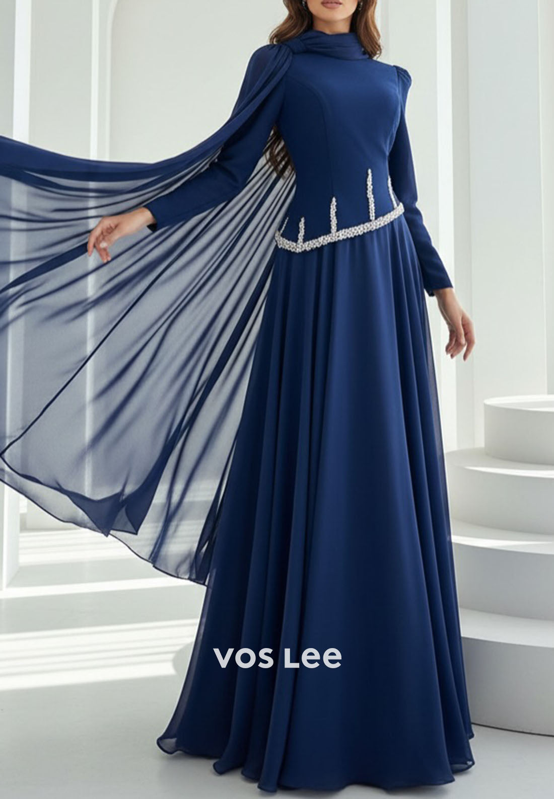 Elegant Blue O-Neck Long Sleeves A Line Pleat Long Evening Dress Wedding Guest Dress