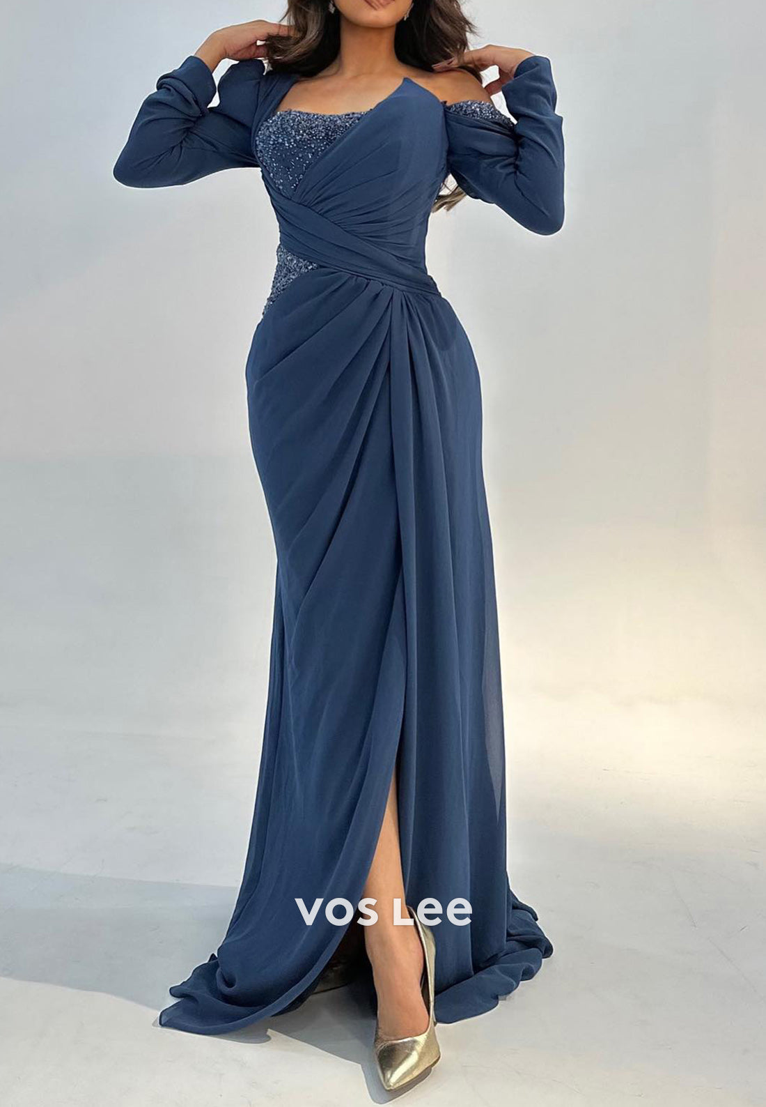 Long Sleeve One Shoulder Rhinestone Pleated Sheath Evening Dresses with Sweep Train