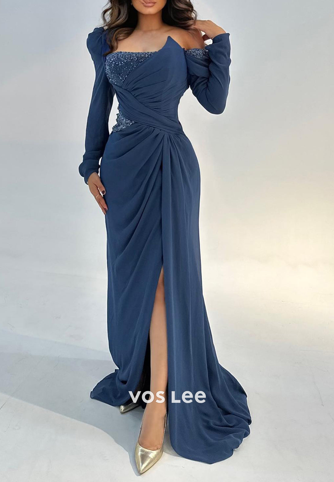 Long Sleeve One Shoulder Rhinestone Pleated Sheath Evening Dresses with Sweep Train