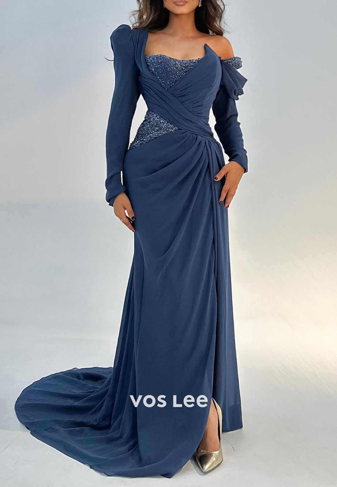 Long Sleeve One Shoulder Rhinestone Pleated Sheath Evening Dresses with Sweep Train