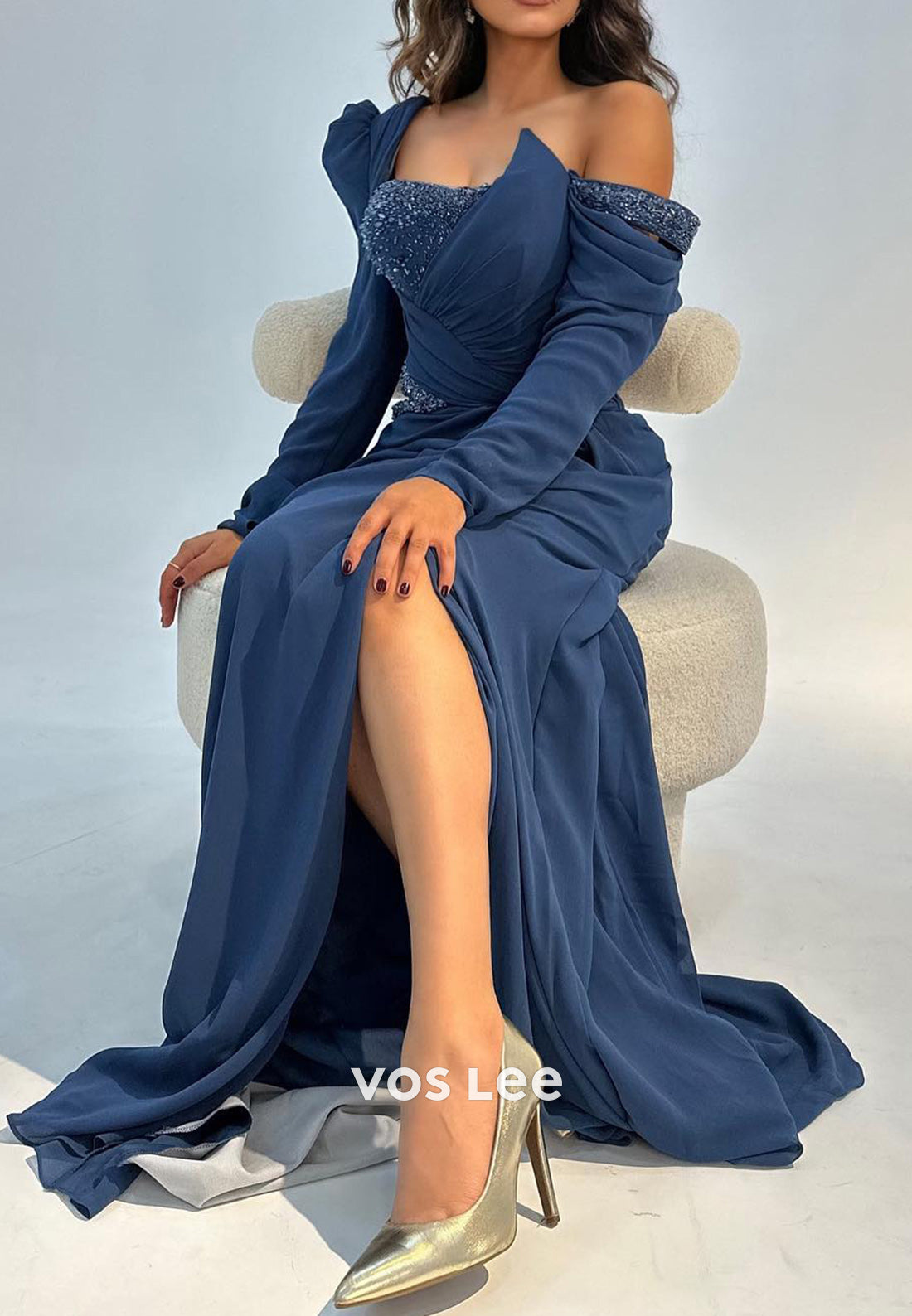 Long Sleeve One Shoulder Rhinestone Pleated Sheath Evening Dresses with Sweep Train