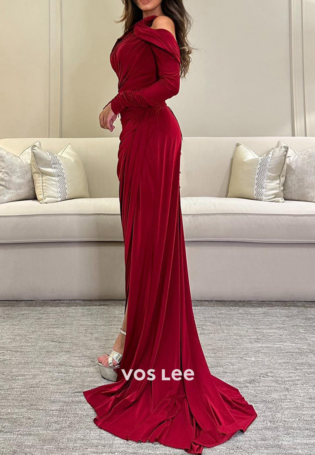 Long Sleeve One Shoulder High Split Pleated Mermaid Evening Dresses with Sweep Train