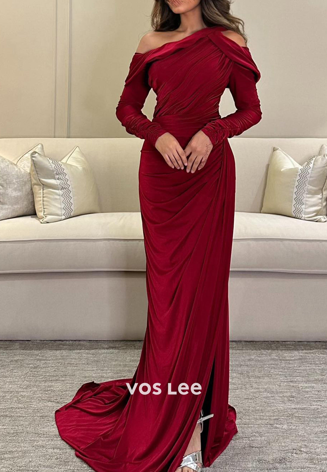 Long Sleeve One Shoulder High Split Pleated Mermaid Evening Dresses with Sweep Train