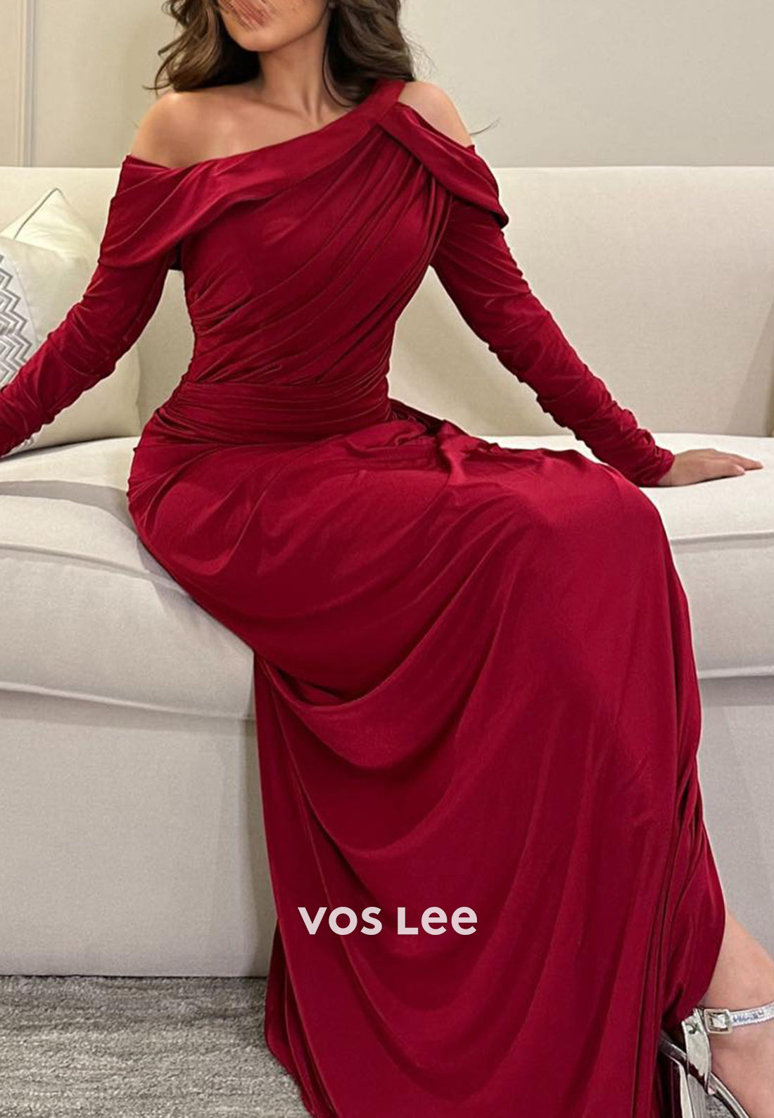 Long Sleeve One Shoulder High Split Pleated Mermaid Evening Dresses with Sweep Train
