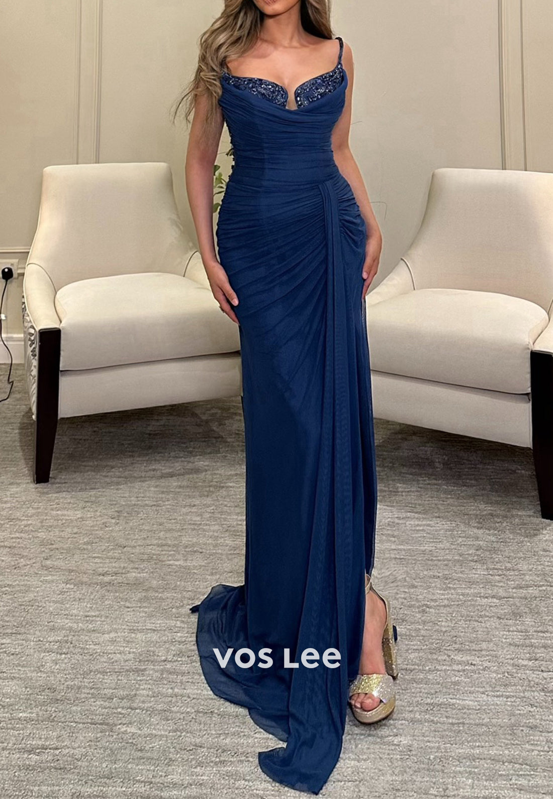 Spaghetti Straps Sweetheart Rhinestone Pleated Mermaid Evening Dresses with High Split