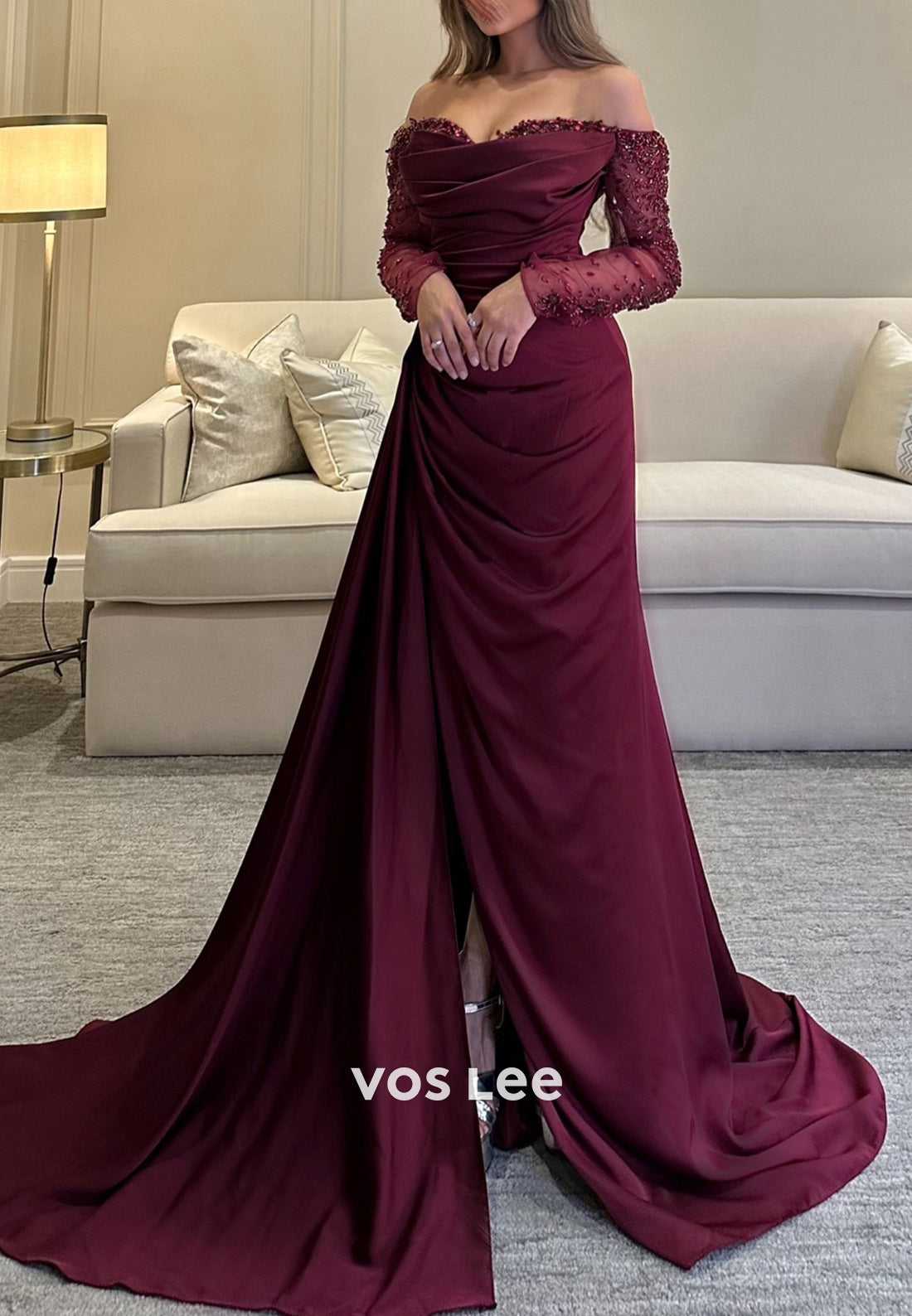 Long Sleeve Off the Shoulder Sweetheart Pleated Mermaid Evening Dresses with Side Split