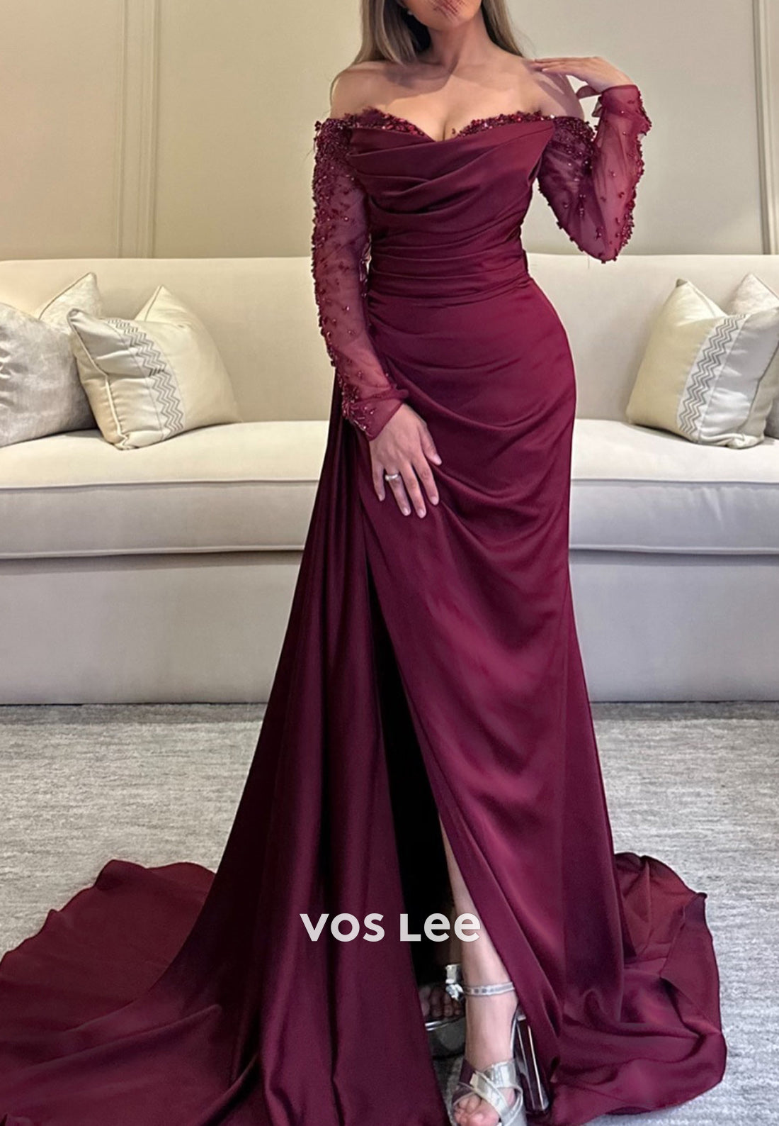 Long Sleeve Off the Shoulder Sweetheart Pleated Mermaid Evening Dresses with Side Split