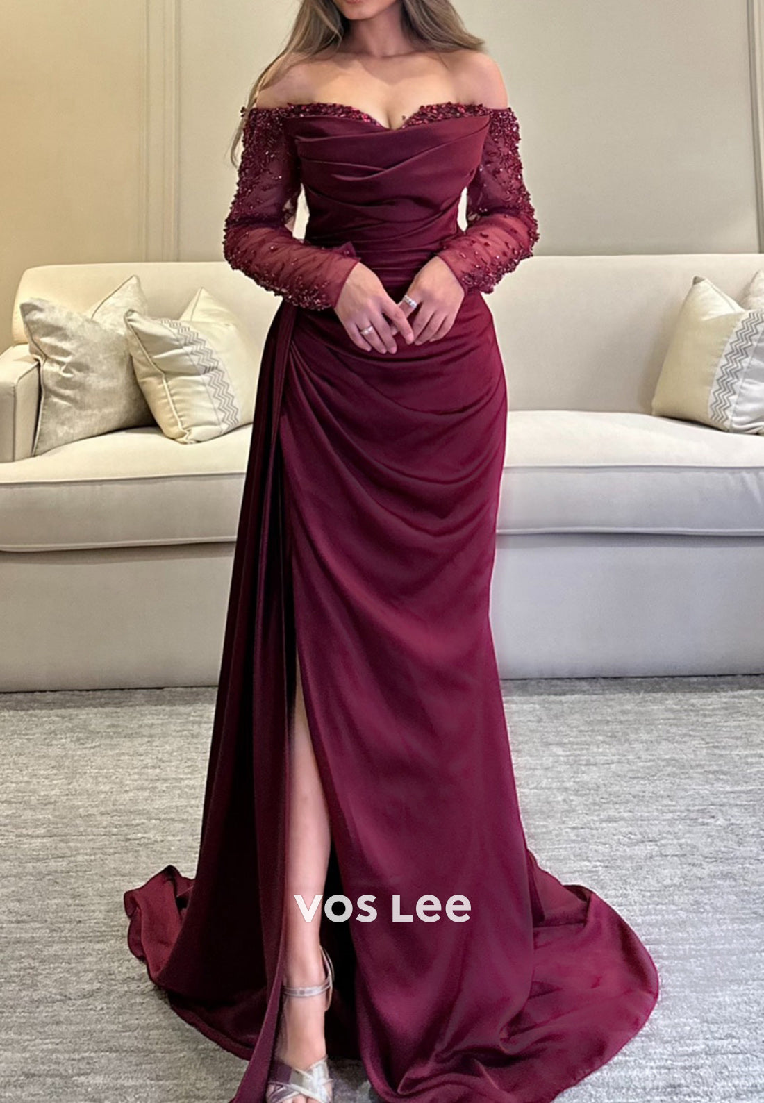 Long Sleeve Off the Shoulder Sweetheart Pleated Mermaid Evening Dresses with Side Split