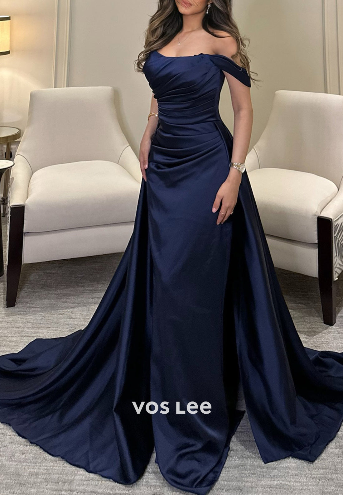 Simple & Casual Off the Shoulder Pleated Mermaid Long Evening Dresses with Court Train