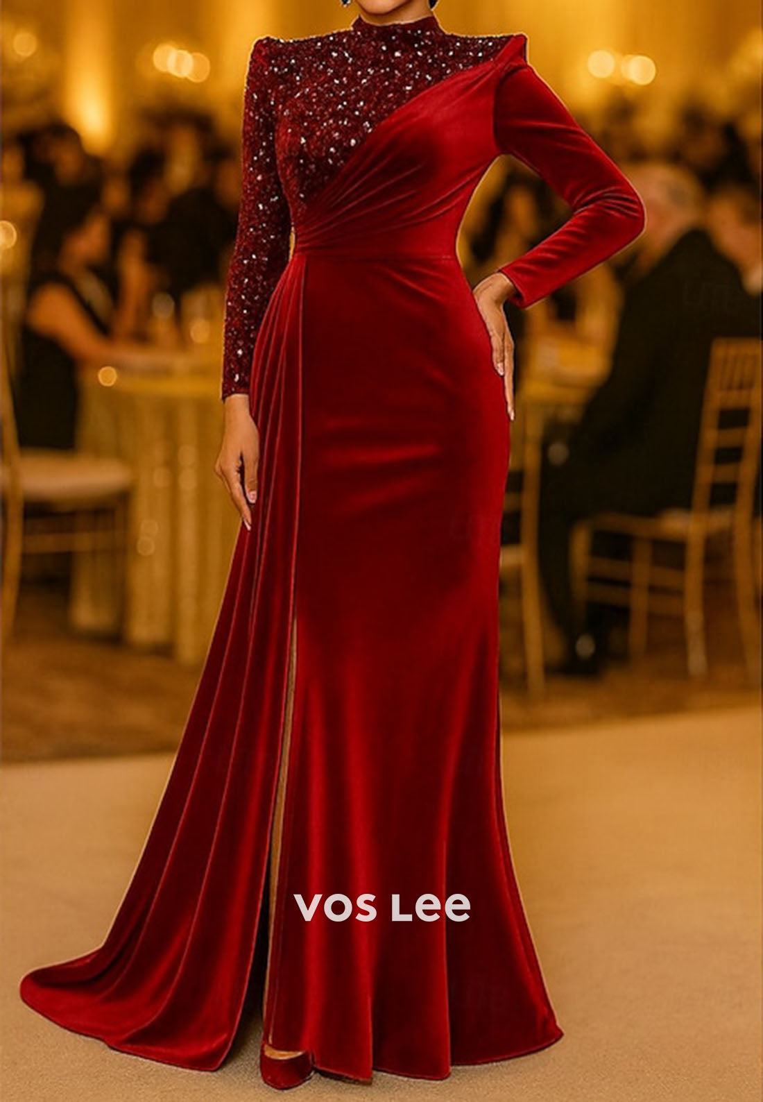 High-Neck Sequined Long-Sleeves Mermaid Velvet Evening Dress Formal Gowns
