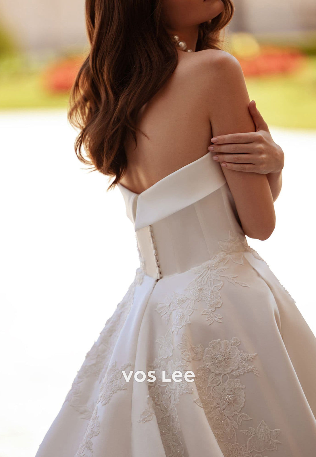 A-Line Strapless Appliqued Pleated Long Classic Wedding Dresses with Court Train